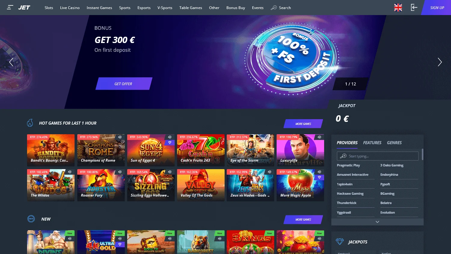 Jet Casino desktop home showing the casino offer and main playing options